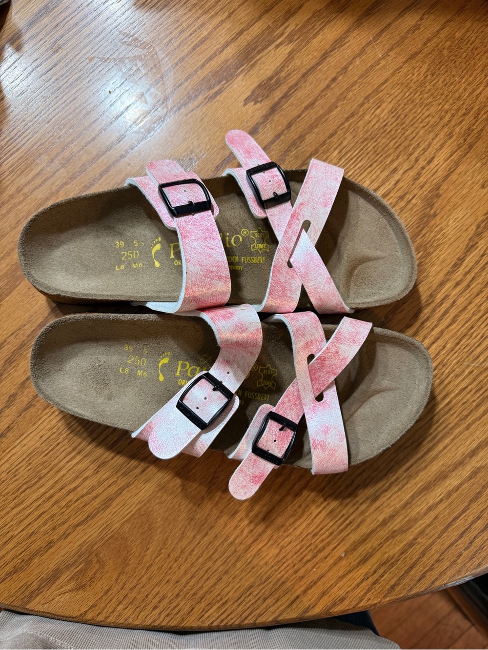 New. MPapillo by Birkenstock Pink and White Strappy Double-Buckle Sandals